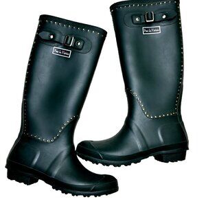 Pour La Victoire Women's Rain Boots - Black, Size 6.5 Round Toe Block Heel Italy